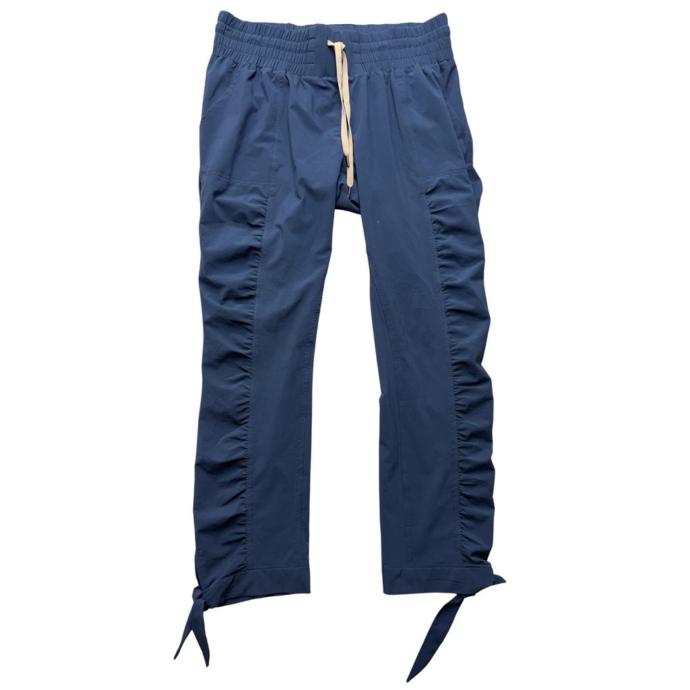 prAna Cropped Pants Womens M Blue Ruched Leg Elastic Waist Hiking Travel Stretch